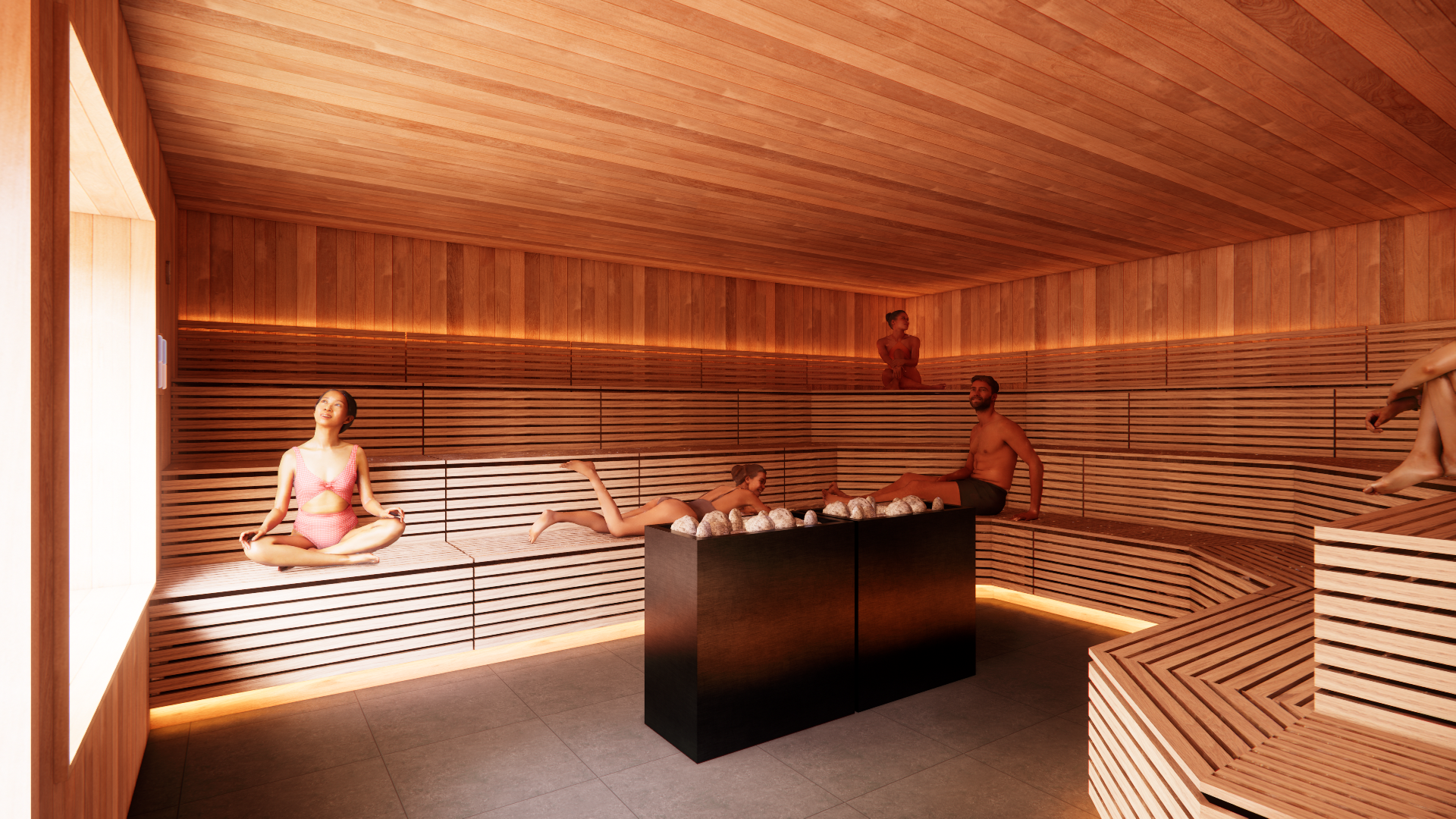The sauna at Sauna Club — cedar-clad benches, controlled lighting.