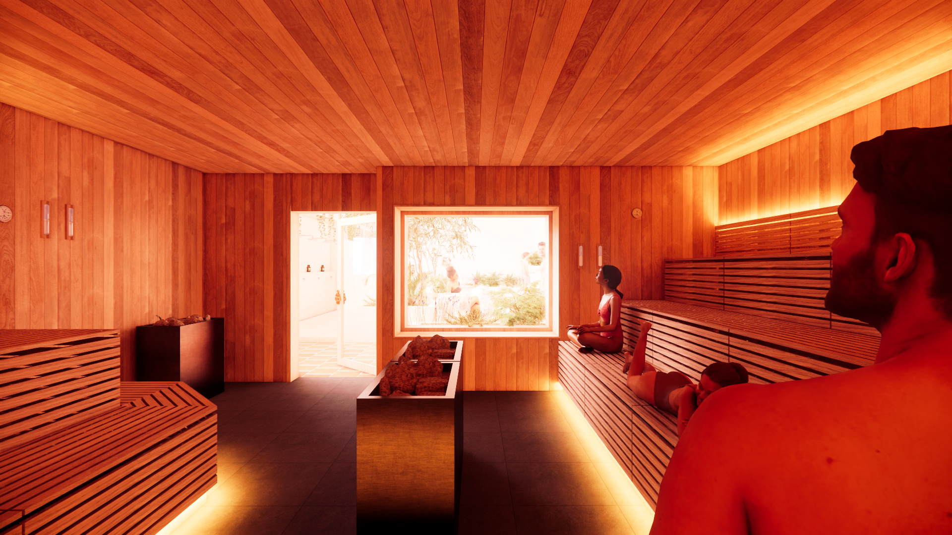 Sauna at Sauna Club — view out, atmospheric crop.