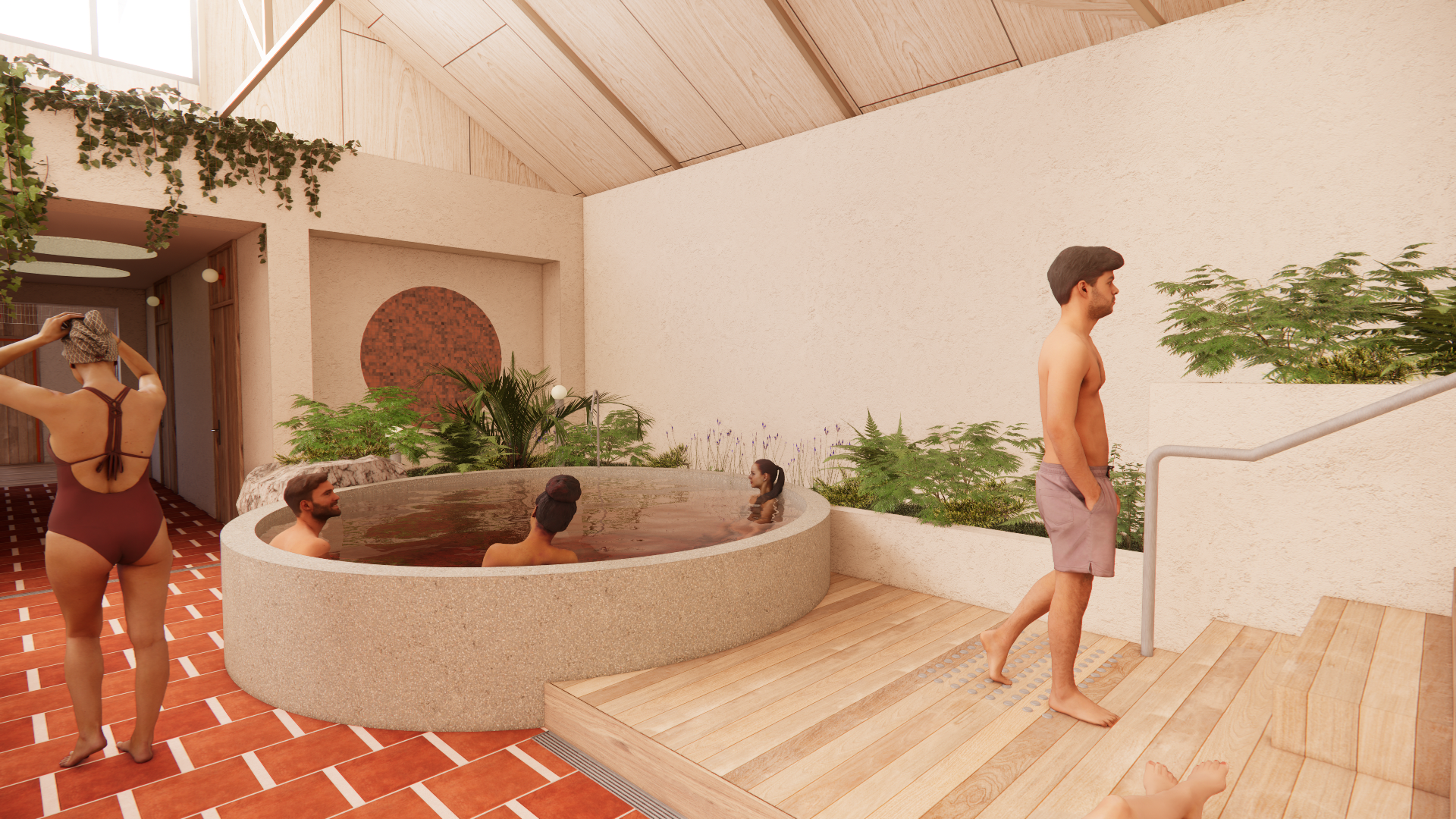 The hot pool at Sauna Club — terracotta tiles, plant screen.