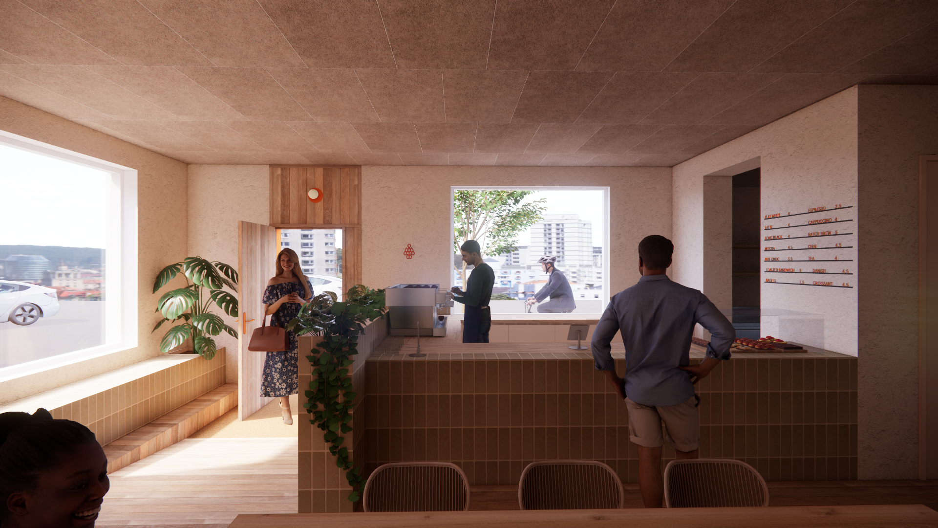 The café at street level — counter, large windows, considered fitout.