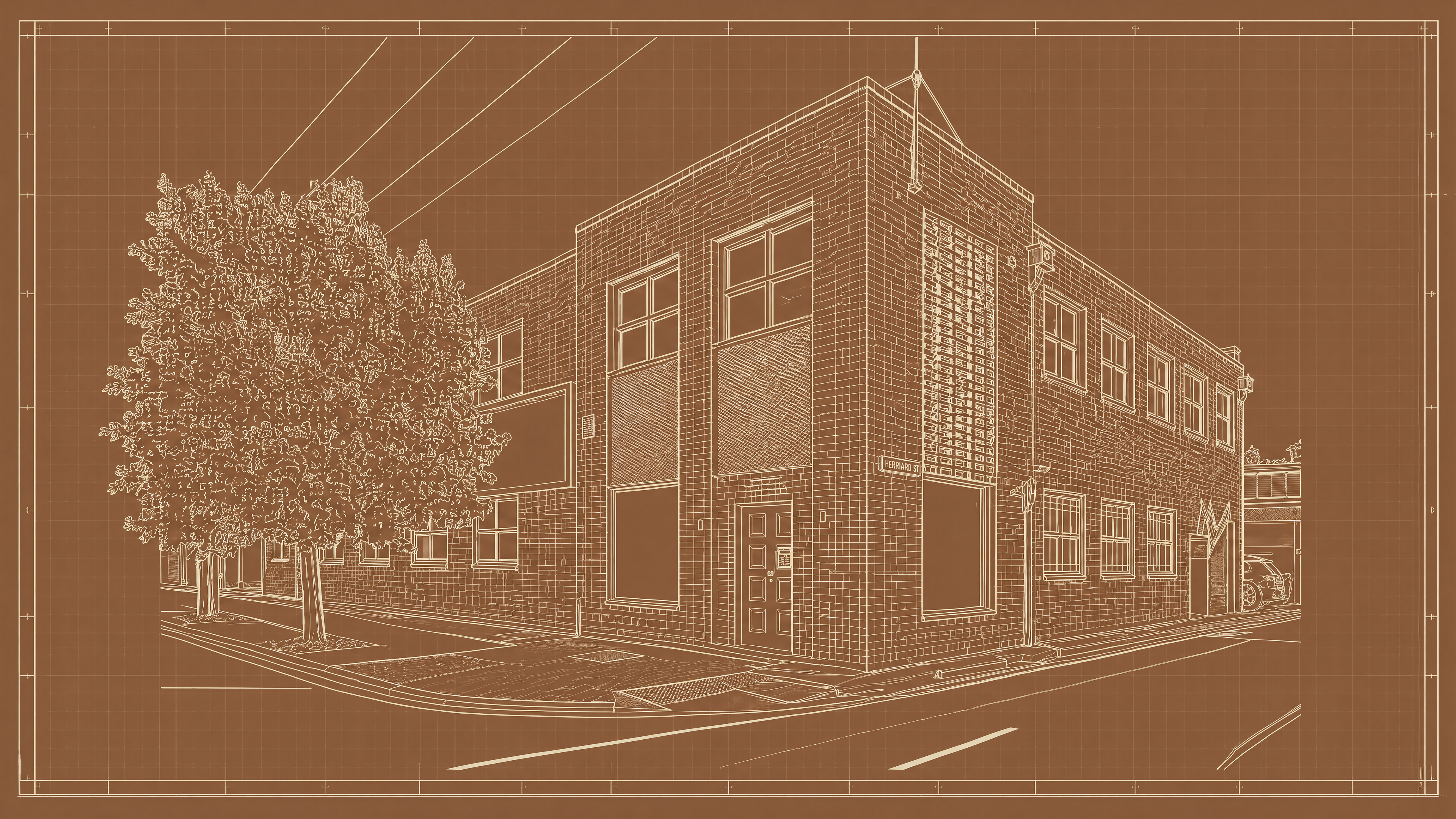 The Sturt Street building — blueprint-style line drawing on terracotta.