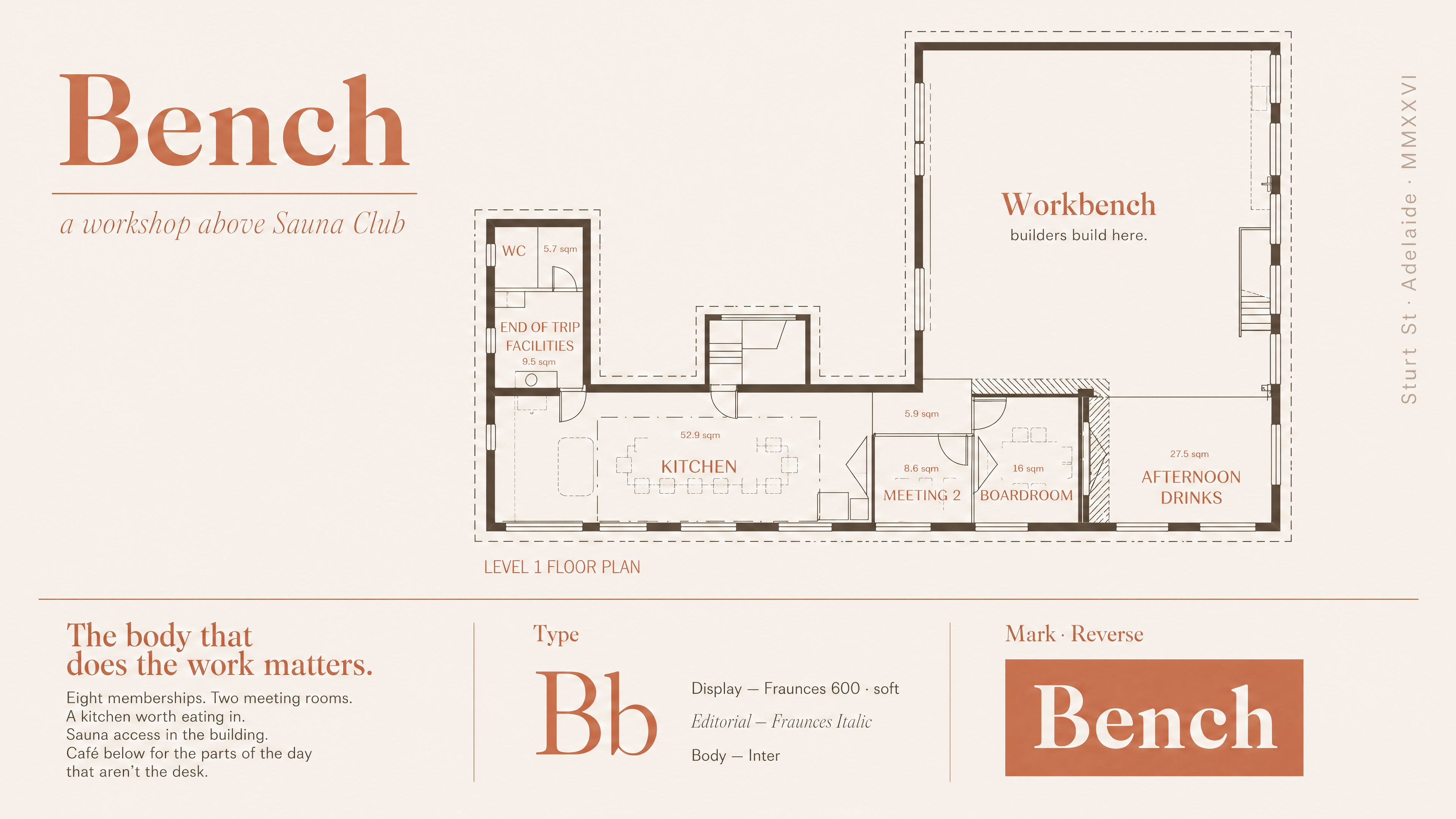 Bench floor plan — Workbench (the main desk floor), kitchen, two meeting rooms, end-of-trip facilities, afternoon-drinks zone. Level 1, Sturt Street, Adelaide.